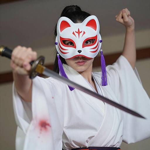 Dynamic Asian Warrior in White Kimono