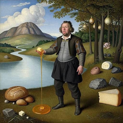 Digital illustration of a bearded man in medieval attire, standing by a river, making honey pour from his hand, surrounded by cheeses, loaves,