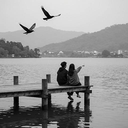 Couple Sitting on Wooden Dock by Lake with Birds Flying