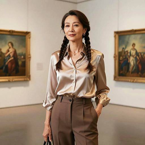 Photograph of an Asian woman with braided hair, wearing a satin blouse and brown high-waisted pants, standing in an art gallery with two