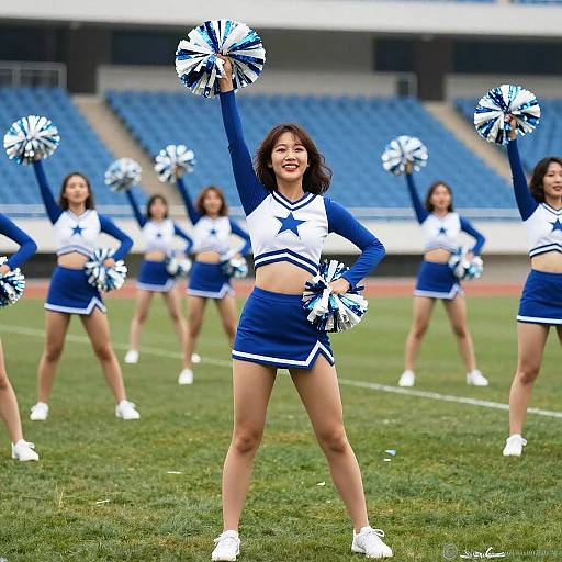 Photograph of an Asian cheerleading squad in blue and white uniforms, mid-performance on a grassy football field, with blue stadium seats in the background