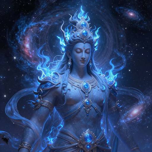 Digital artwork of a blue-hued, serene goddess with long flowing hair, adorned with fiery blue flames, cosmic background, and intricate jewelry.
