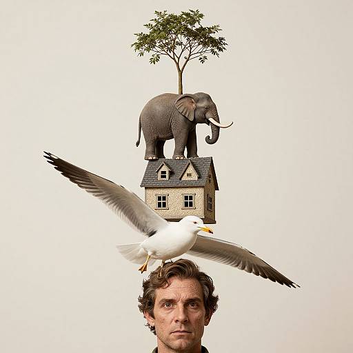 Photograph of a serious man with a seagull on his head, atop a house with an elephant and tree on the roof. Surreal,