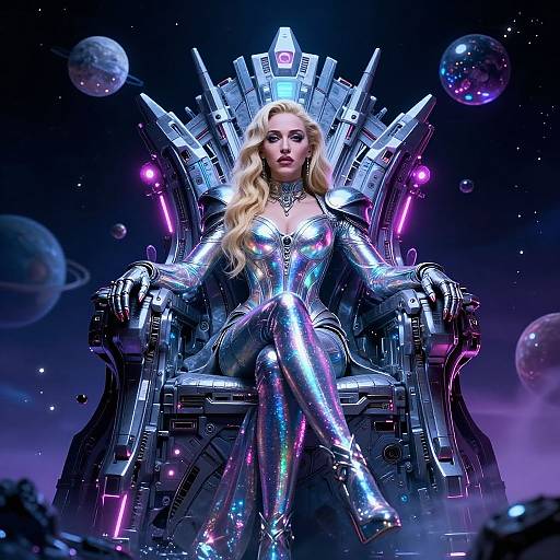 Digital artwork of a blonde woman in a shiny, metallic bodysuit, seated on a futuristic, glowing throne with planets in the background. She ex