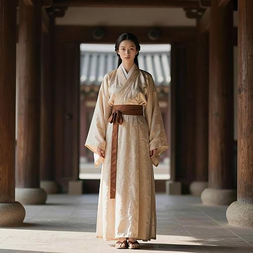 Asian Woman in Beige Silk Hanbok at Traditional Temple