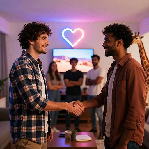 Two Men Shaking Hands with Neon Heart Light