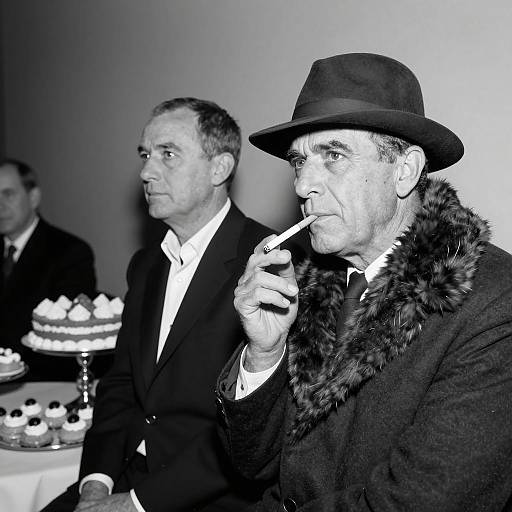 Vintage Black and White Portrait of Two Men with Cigarette and Pastries