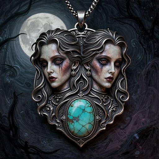 Digital art of a silver pendant featuring two wavy-haired, pale-faced women with dark eyes, wearing earrings, against a moonlit, dark, swirling