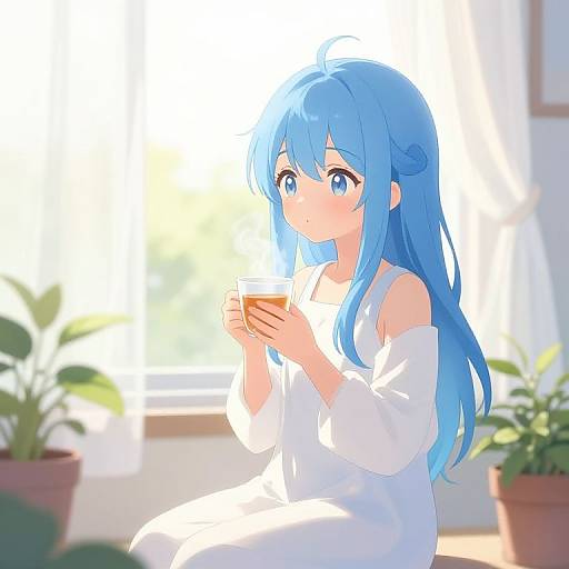 Digital anime-style drawing of a blue-haired girl with large blue eyes, wearing a white off-shoulder dress, holding a cup, sitting indoors near