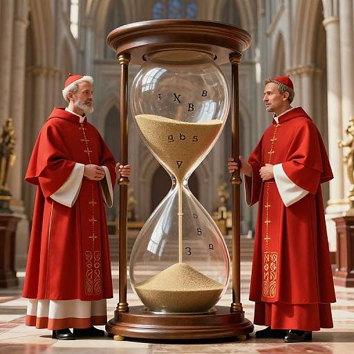 Two elderly Catholic priests in red robes stand inside a grand cathedral, gazing at a massive hourglass with 