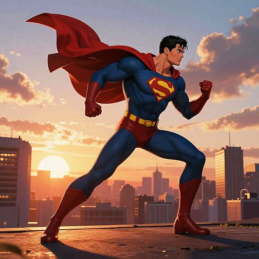 Digital artwork of muscular Superman in blue and red costume, standing on rooftop at sunset, city skyline in background, red cape flowing.
