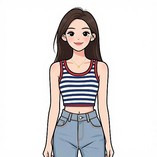 Digital anime-style drawing of a cute young woman with long black hair, wearing a striped tank top and blue jeans, smiling with a gold necklace against a