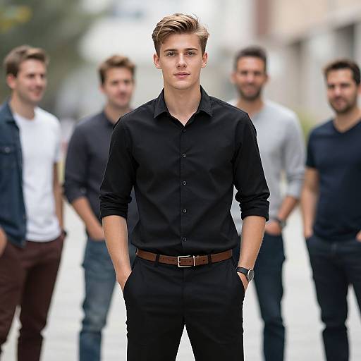 Photograph of a handsome young man with light brown hair, wearing a black button-up shirt and black pants, standing confidently in front of four blurred,