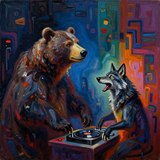 Vibrant digital painting of a bear and wolf DJing together, with the wolf mixing records and the bear seated, in a colorful, abstract,