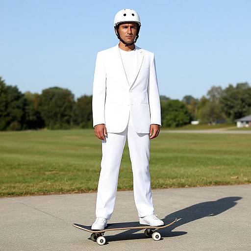 Photograph of a bearded man in a white suit and helmet, standing on a skateboard on a concrete path, with a grassy field and blue