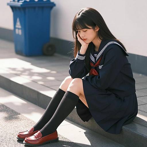 Asian Schoolgirl Sitting on Steps in Navy Sailor Uniform