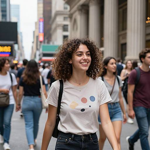Photograph of a smiling young woman with curly hair, wearing a white t-shirt with colorful dots and high-waisted jeans, walking in a busy