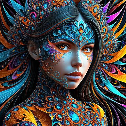 Digital artwork of a fair-skinned woman with dark hair, wearing intricate, colorful, ornate headgear and jewelry, featuring vibrant blue, orange,