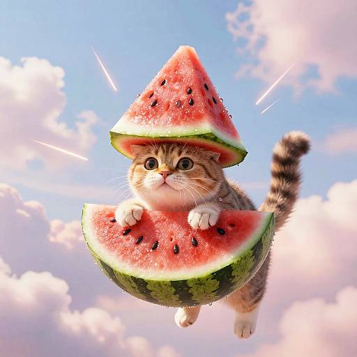 CGI image of a cute, fluffy, tabby kitten wearing a watermelon slice hat and sitting on another watermelon slice, floating in a bright