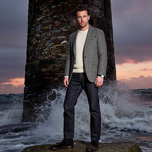 Photograph of a handsome man with short brown hair, wearing a black-and-white checkered blazer, white sweater, black pants, and boots,