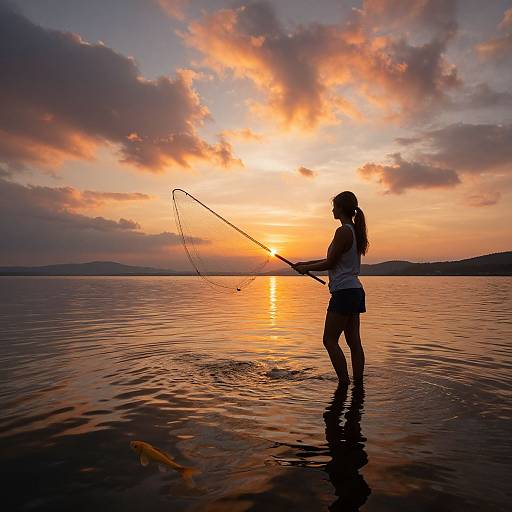 Silhouetted woman fishing at sunset, holding a fishing rod, standing in calm water with a vibrant orange and pink sky.