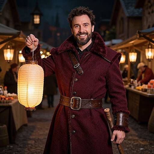 Photograph of a smiling bearded man with dark hair, wearing a dark brown coat and holding a glowing paper lantern at a nighttime market.