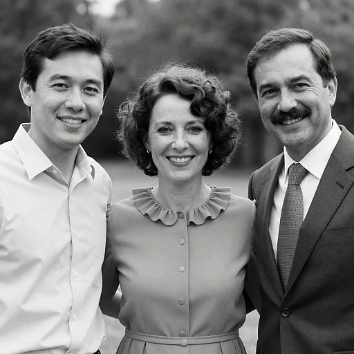 Black-and-White Portrait of Three Smiling Adults