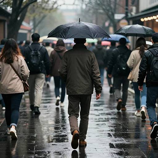 Solitary Walk Against Rainy Crowd