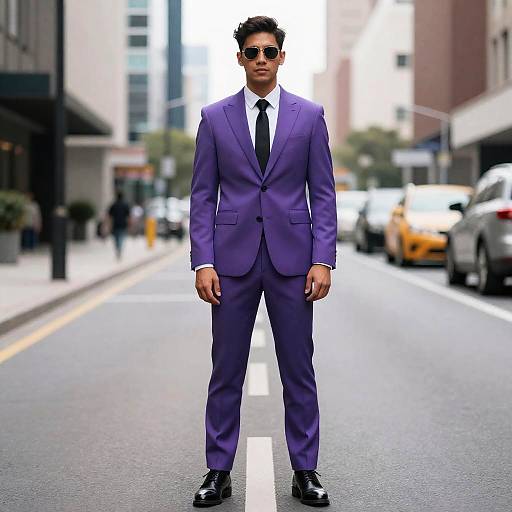 Man in Purple Suit on City Street