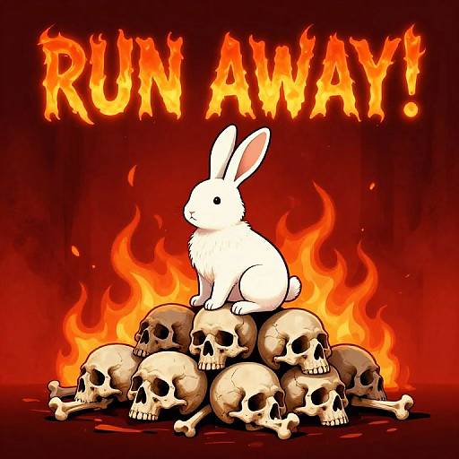 White Rabbit on Skulls with Flaming Run Away Text