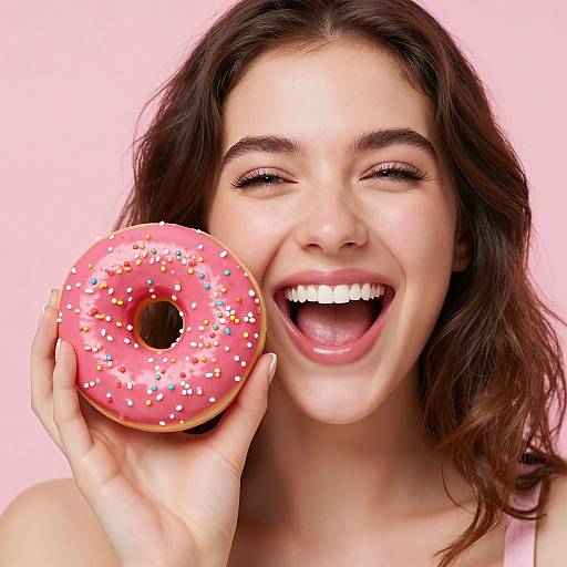 Photograph of a smiling young woman with wavy brown hair, holding a pink-glazed donut with colorful sprinkles, against a pink background.