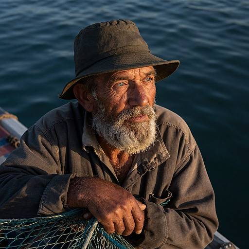 Photograph of an elderly, bearded man with a weathered face, wearing a dark hat and brown shirt, holding a fishing net on a calm