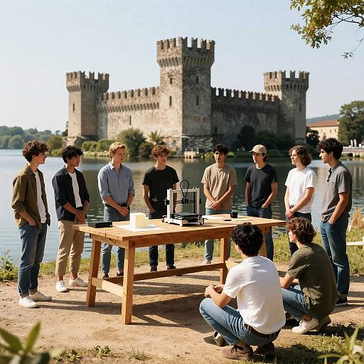 Group of eight young men, casually dressed, standing and squatting around a wooden table by a lake, with a medieval castle in the background. Phot