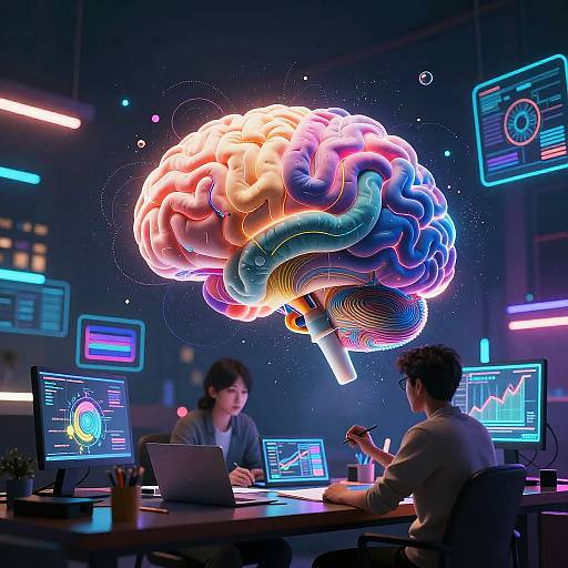 Neon-lit lab scene with glowing, colorful brain hovering above two tech-savvy men working on laptops, displaying graphs and screens.