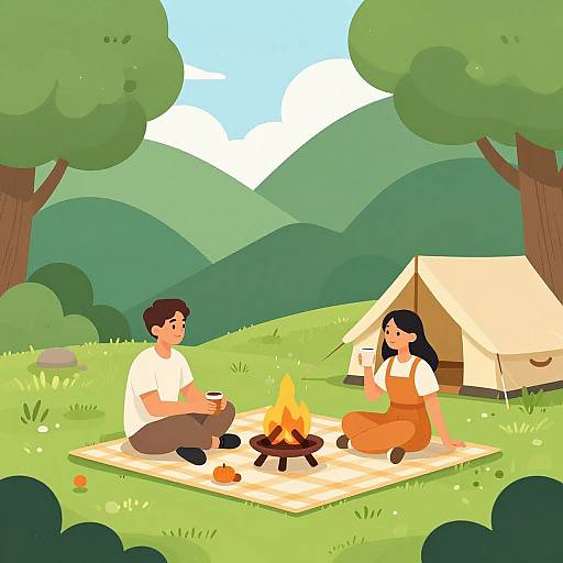 Digital illustration of a boy and girl sitting cross-legged by a campfire on a checkered blanket, near a tent in a green, mountainous forest