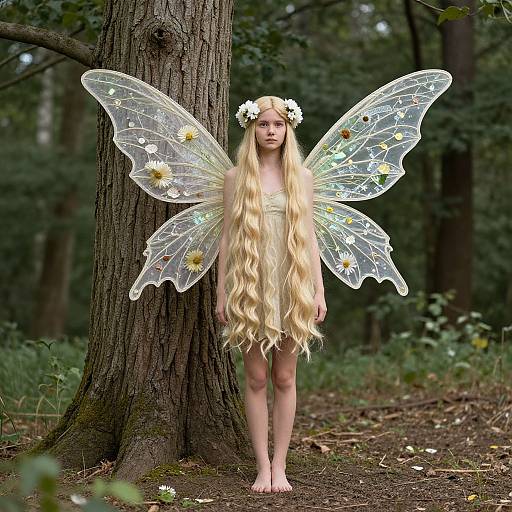 Photograph of a fair-skinned, blonde-haired fairy with long hair, white flower crown, and translucent daisy-patterned wings, standing barefoot