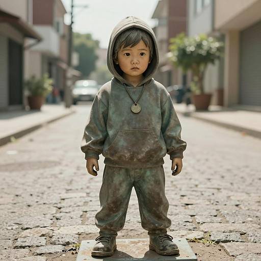 Realistic Child Statue in Hoodie on Cobblestone Street
