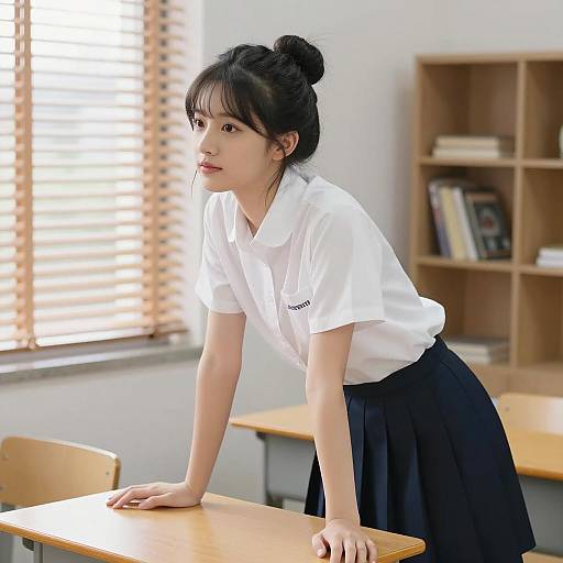 Young Asian Woman Leaning on Desk in Classroom