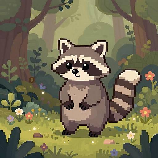 Pixel art of a cute, standing raccoon with black and white face, gray fur, and striped tail in a colorful forest with flowers and trees.