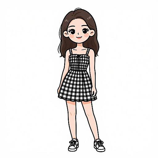 Digital drawing of a cute, young girl with long brown hair, wearing a black-and-white checkered dress and black sneakers, standing against a plain white