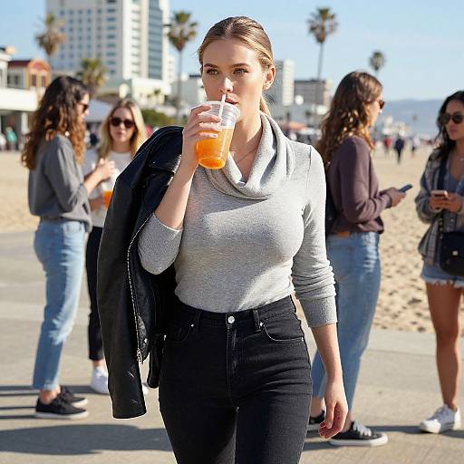 Photograph of a young woman with light brown hair in a gray cowl-neck sweater and black jeans, drinking an orange drink on a sunny beach,