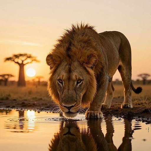 Photograph of a majestic male lion with a dense mane, standing at a waterhole at sunset, reflecting in the water, with an orange sky and