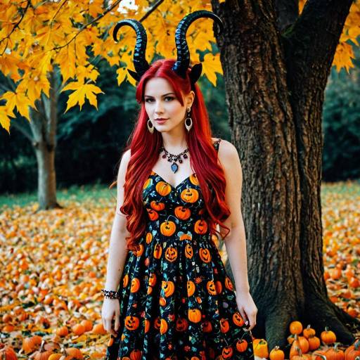 Woman in Halloween Pumpkin Dress with Horns in Autumn
