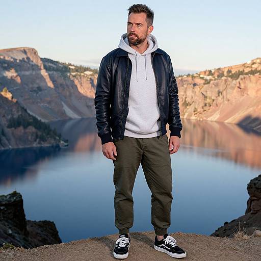 Photograph of a bearded man with short dark hair, wearing a black jacket, white hoodie, green pants, and black sneakers, standing on a