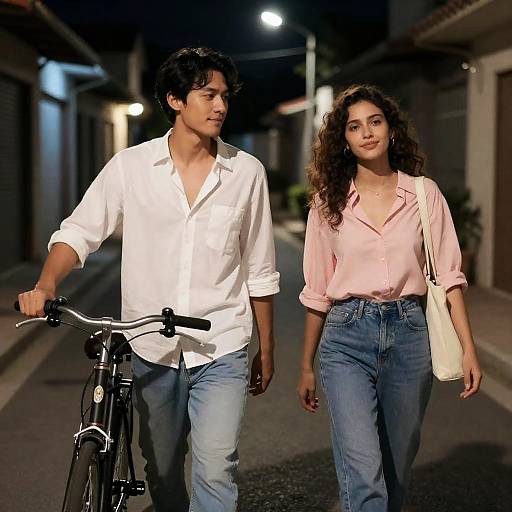 Photograph of a couple walking at night on a dimly lit street, man in white shirt and jeans, woman in pink blouse and high-wa