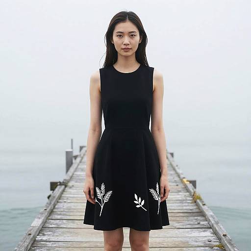 Woman in black sleeveless dress on foggy pier
