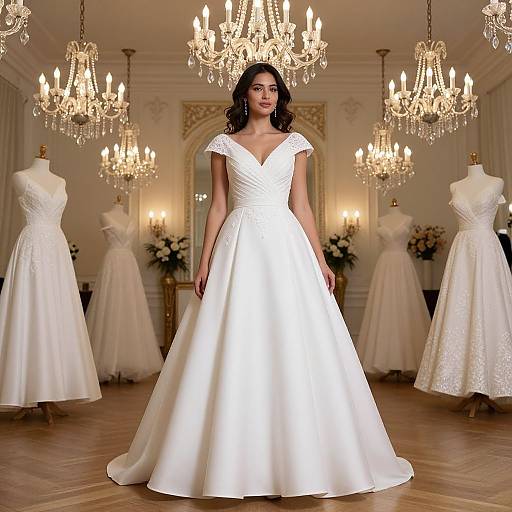 Photograph of a brunette woman in a white, V-neck, ball-gown wedding dress, standing in a luxurious, chandelier-lit room with