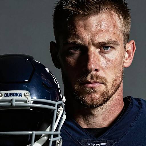 Intense Portrait of Football Player with Helmet