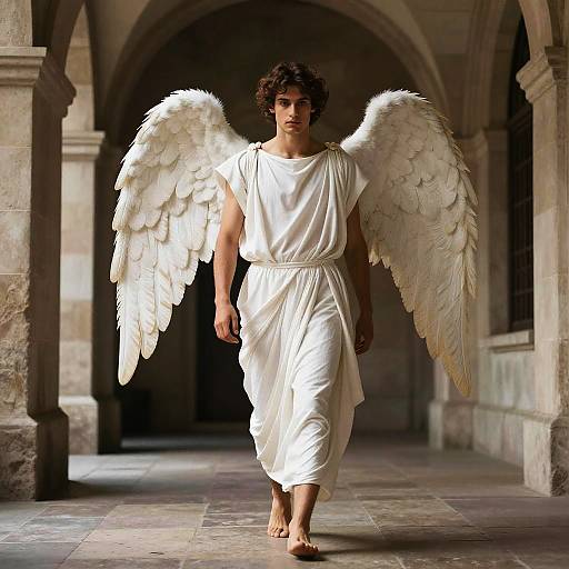 Photograph of a young man with curly brown hair, wearing a white toga and large white feathered wings, walking barefoot in a stone arch