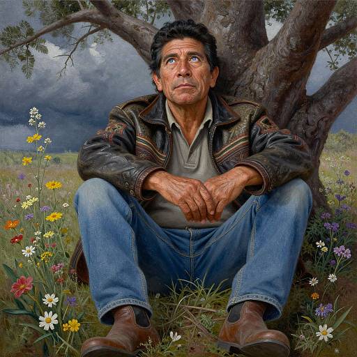 Photorealistic digital painting of an older man with weathered face, sitting against a tree in a colorful meadow, wearing a leather jacket and blue